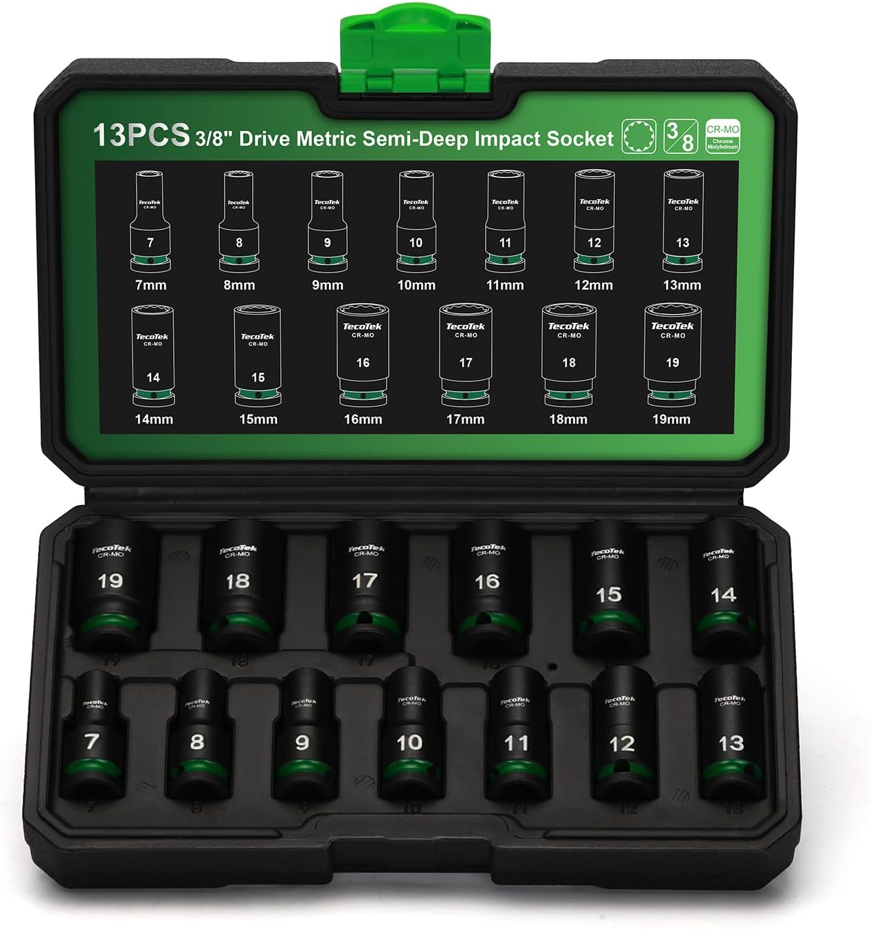 TecoTek 3/8-Inch Drive 12-Point Metric Semi-Deep Impact Socket Set, Mid-Length Socket Set, 7mm to 19mm, CR-MO, Stamped and Ink Filled Size Marking, 13-Piece
