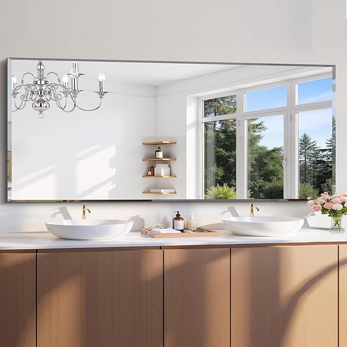 CILIBER Beveled Mirror, 24x60 Large Frameless Beveled Bathroom Mirrors by CILIBER