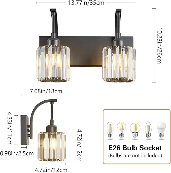 FDPBY Bathroom Crystal Vanity Lights 2-Light Black Wall Lamp Modern Crystal - Image 5