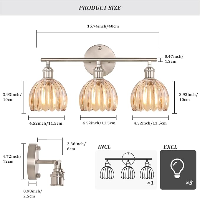 Shenmoyl Bathroom Light Fixtures, 3-Light Vanity Wall Light Over Mirror - Image 5