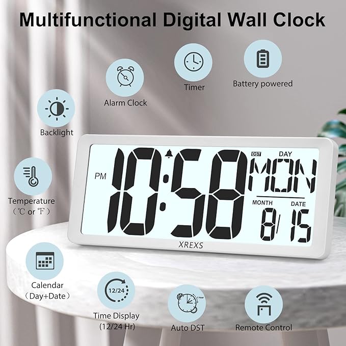 XREXS Digital Wall Clock with Backlight, 14.17 Inch Large Wall Clock with - Image 4