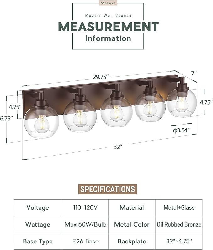 METWET Bathroom Light Fixtures Over Mirror, 5-Light Oil Rubbed Bronze Bathroom - Image 2
