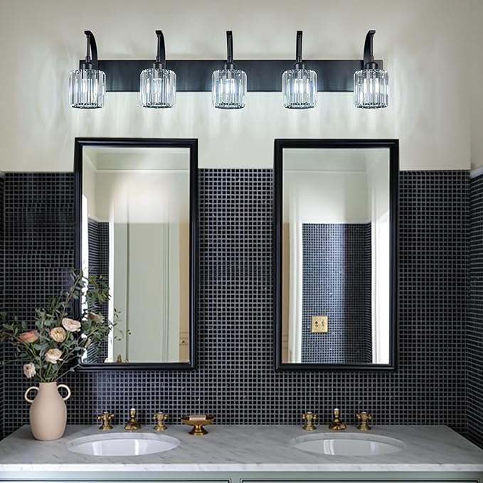 FDPBY 5-Light Crystal Vanity Light, Modern Black Bathroom Wall Sconce - Image 3