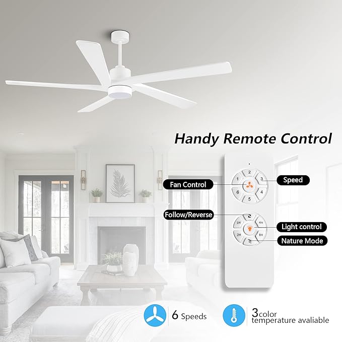 WINGBO 64" DC Ceiling Fan with Lights and Remote Control, 5 Carved Wood Blades - Image 2