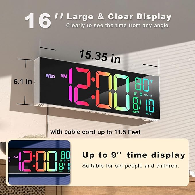 JALL 16" Large Digital Wall Mount Clock, Count Down Timer, Big LED, 8 RGB Color - Image 2
