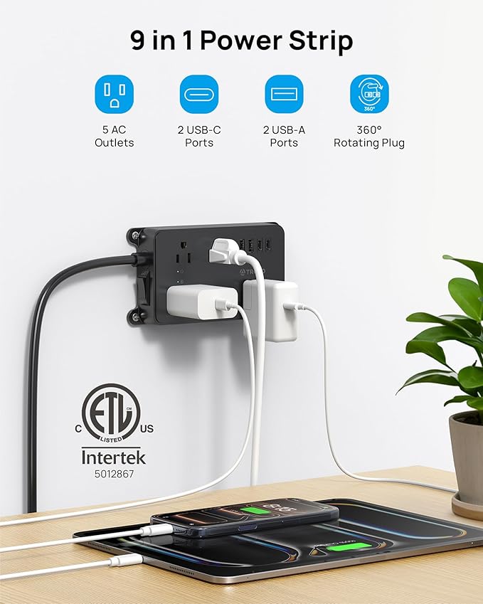 TROND 360° Rotating Flat Plug Power Strip, 5 Widely-Spaced Outlets - Image 8