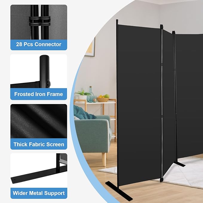 MAYOLIAH 8-Panel Black Room Divider 6ft Tall Folding Privacy Screen Portable - Image 4