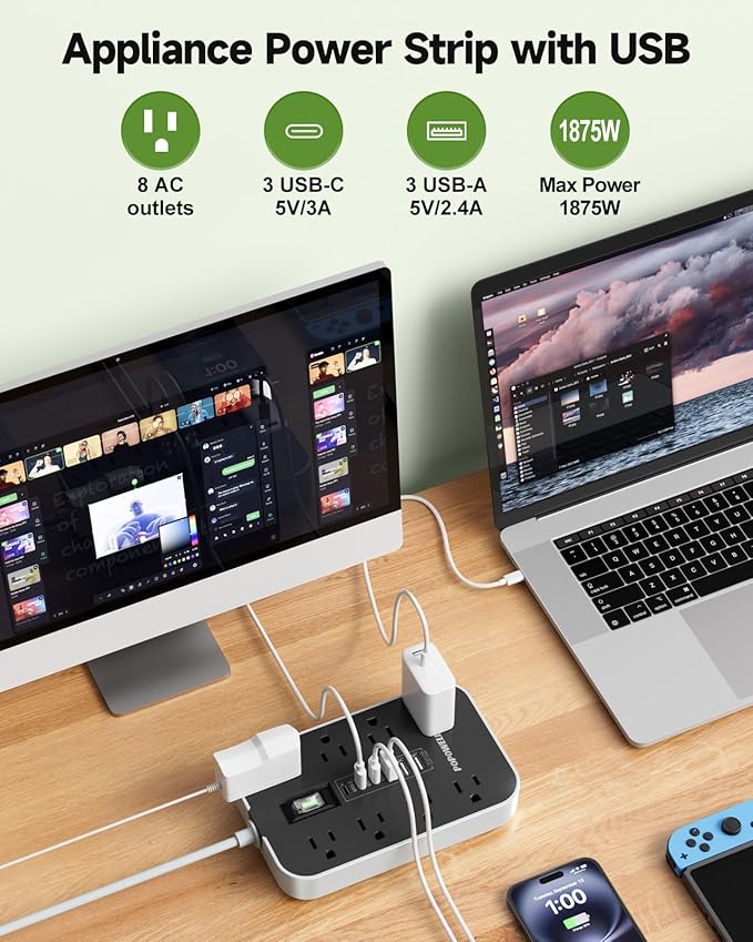 Appliance Power Strip- 14 Guage Heavy Duty Extension Cord, 8 AC Outlet& 6 USB - Image 3