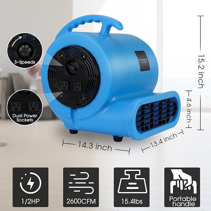 blessny 1/2 HP ETL Listed Carpet Dryer Fan, 2600 CFM Air Blower Mover - Image 2