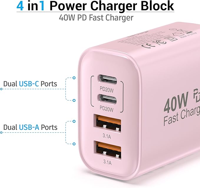 TT&C USB C Block 40W, 4 Ports Wall Plug Fast Charging Block, PD+QC Multiport - Image 4
