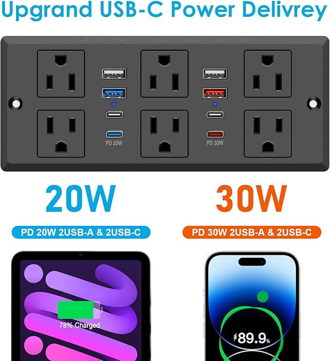 Recessed Power Strip, 30W PD USB-C & USB-A Fast Charging, Drawer Outlet Plug in - Image 3