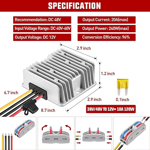 Nilight 48V to 12V Voltage Converter 240W 20A Regulator Step Down to 12VDC - Image 2