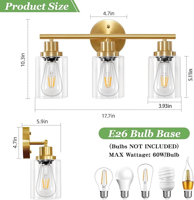 Guliaofo 3-Light Brushed Gold Vanity Lights, E26 Modern Bathroom Light Fixtures - Image 2