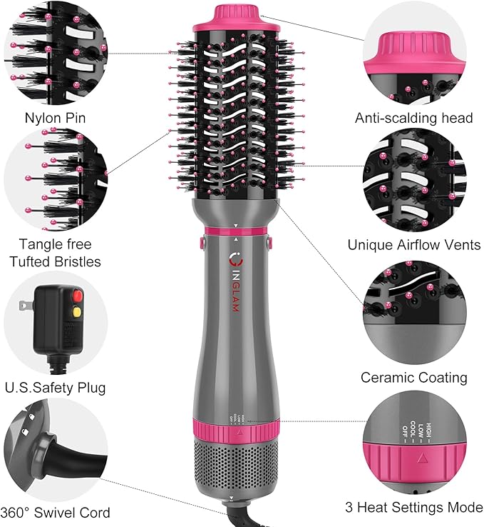 IG INGLAM 4 in 1 Blowout Brush, Negative Ion Detachable Hair Dryer & Styler - Image 7