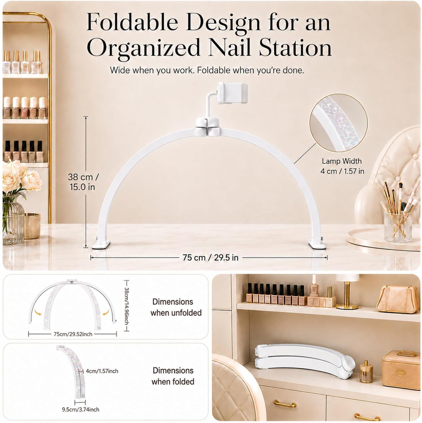 Half Moon Light for Nail Desk: 180° No-Shadow Manicure Table Lighting | 29'' with 3 Color Modes 10 Brightness Levels Keeps Nail Salon Work Area Lit for Manicurists - Phone Holder (Diamond)