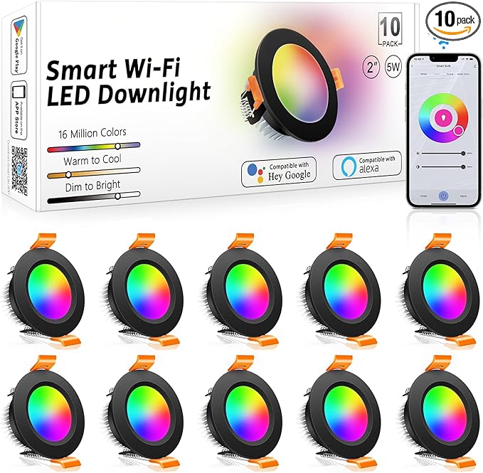inShareplus 2 Inch Smart Recessed Lighting 10 Pack, 5W WiFi RGB LED Downlight by YAMAWIROU