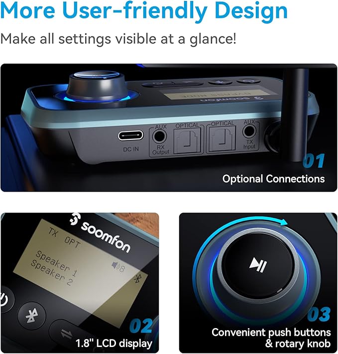 SOOMFON Bluetooth Transmitter for TV 3-in-1 Bluetooth 5.0 Transmitter Receiver - Image 5