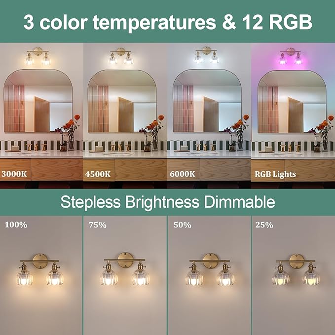Shenmoyl Battery Operated Bathroom Light Fixtures, 2-Light Brass Vanity Wall - Image 4