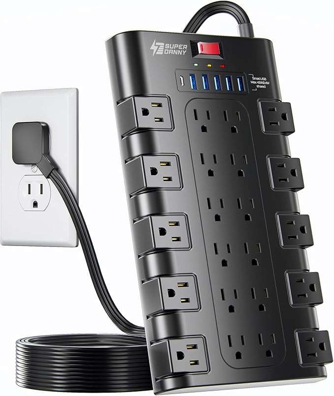 Flat Plug Power Strip, SUPERDANNY Surge Protector by SUPERDANNY