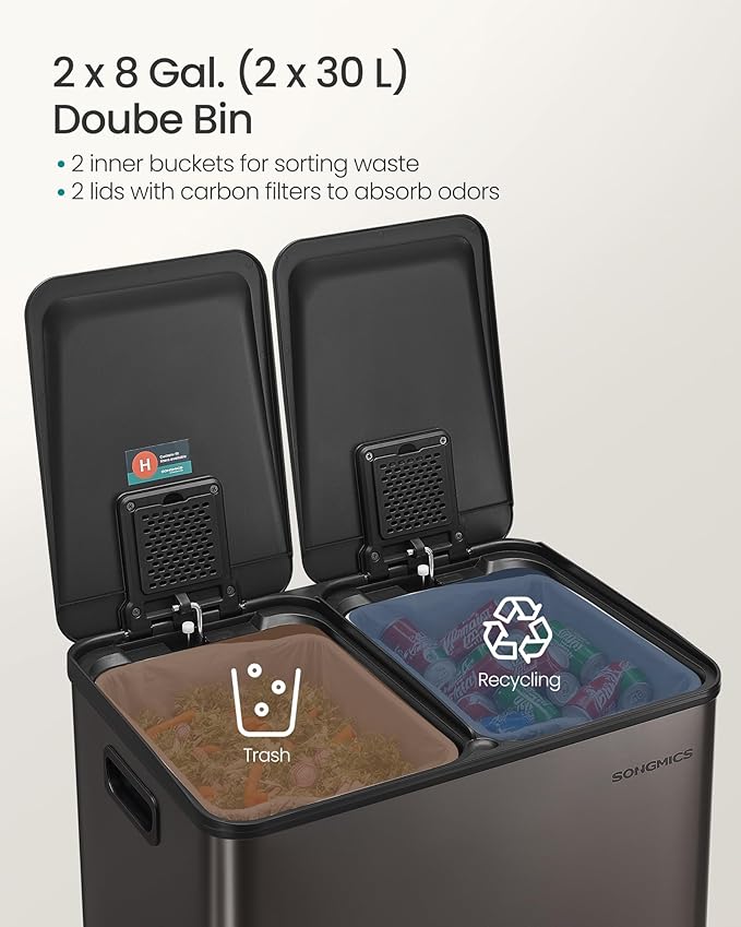SONGMICS Trash Can, 2 x 8 Gallon Dual-Compartment Garbage Can - Image 3
