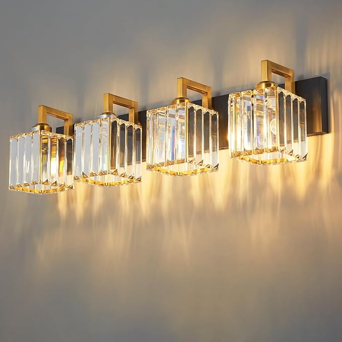 FDPBY Modern Bathroom Vanity Light 4-Lights Black Gold Crystal Wall Lamp by FDPBY