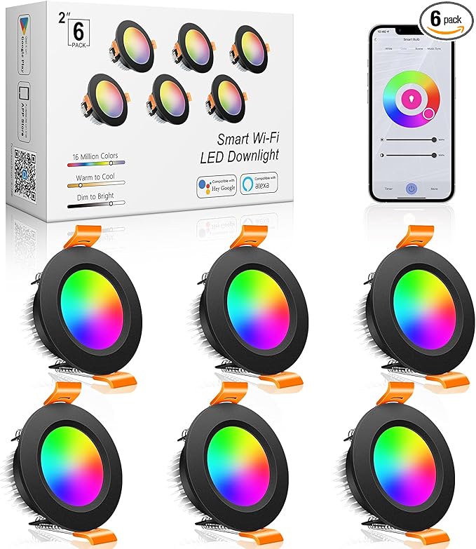 inShareplus 2 Inch Smart Recessed Lighting, 6 Pack WiFi Black LED Downlight 5W by YAMAWIROU
