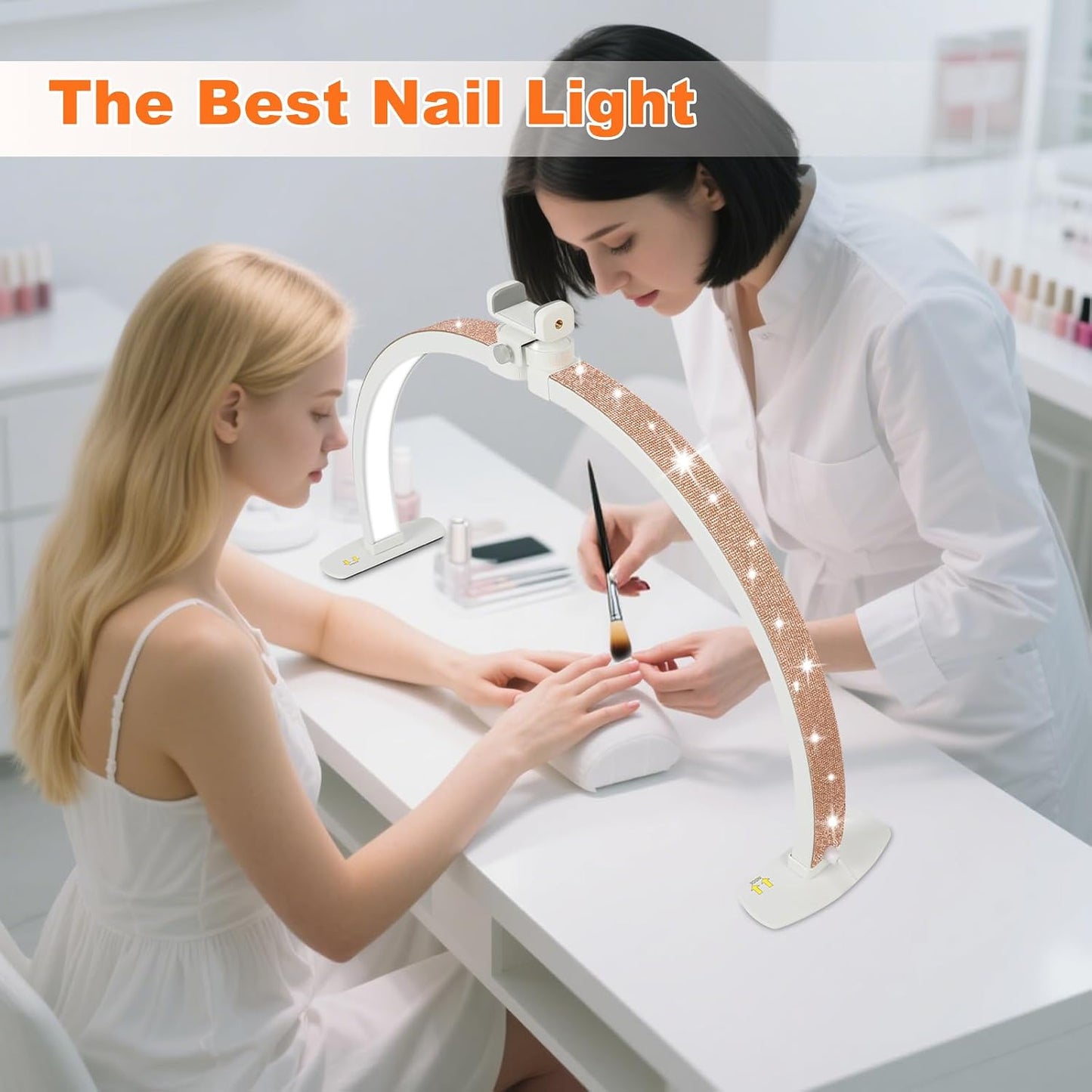 Half Moon Light for Nail Desk, 29IN Folding Half-Moon Light with Phone Holder, LED Lamp for Nail Art, Eyelash Extension, Tattooing, Skin Management, 10 Brightness Levels, Champagne Gold Rhinestones