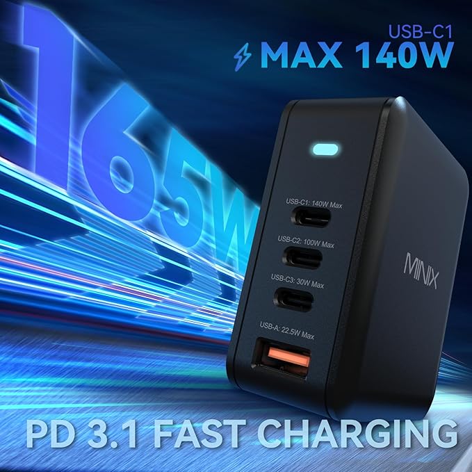 MINIX 165W USB C Charger, GaN II Charger PD3.1 Max 140W, Turbo 4-Port Charging - Image 2