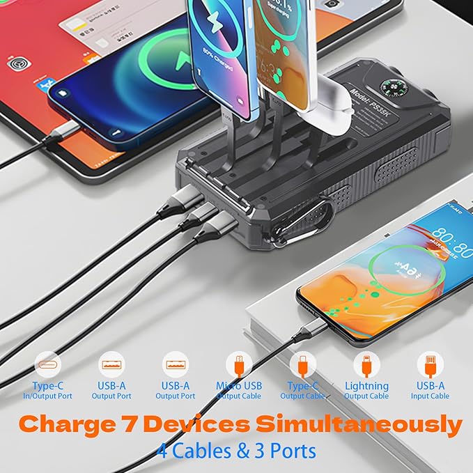Power Bank Solar Charger 20, Portable Phone Charger, 4 Cables Outdoor - Image 2