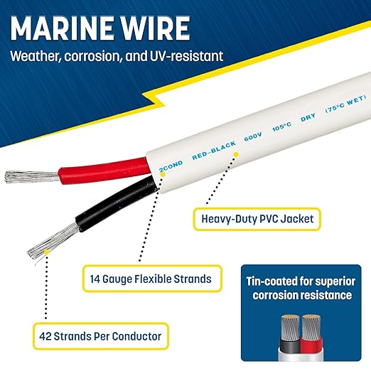 GS Power 100 Ft Duplex Marine Wire, 14 Gauge Wire, Oxygen-Free Tinned Copper 14 - Image 2
