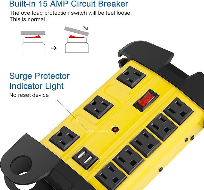 Heavy Duty Power Strip with USB, Workshop 8 Outlet Surge Protector 2700 Joules - Image 3