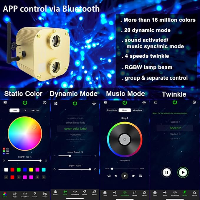 AZIMOM Dual Port 20W Twinkle Fiber Optic Starlight Box Sound Activated RGBW - Image 3