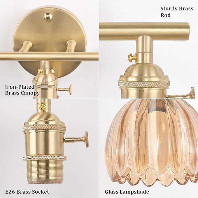 Shenmoyl Bathroom Light Fixtures, 3-Light Brass Vanity Wall Light Over Mirror - Image 6