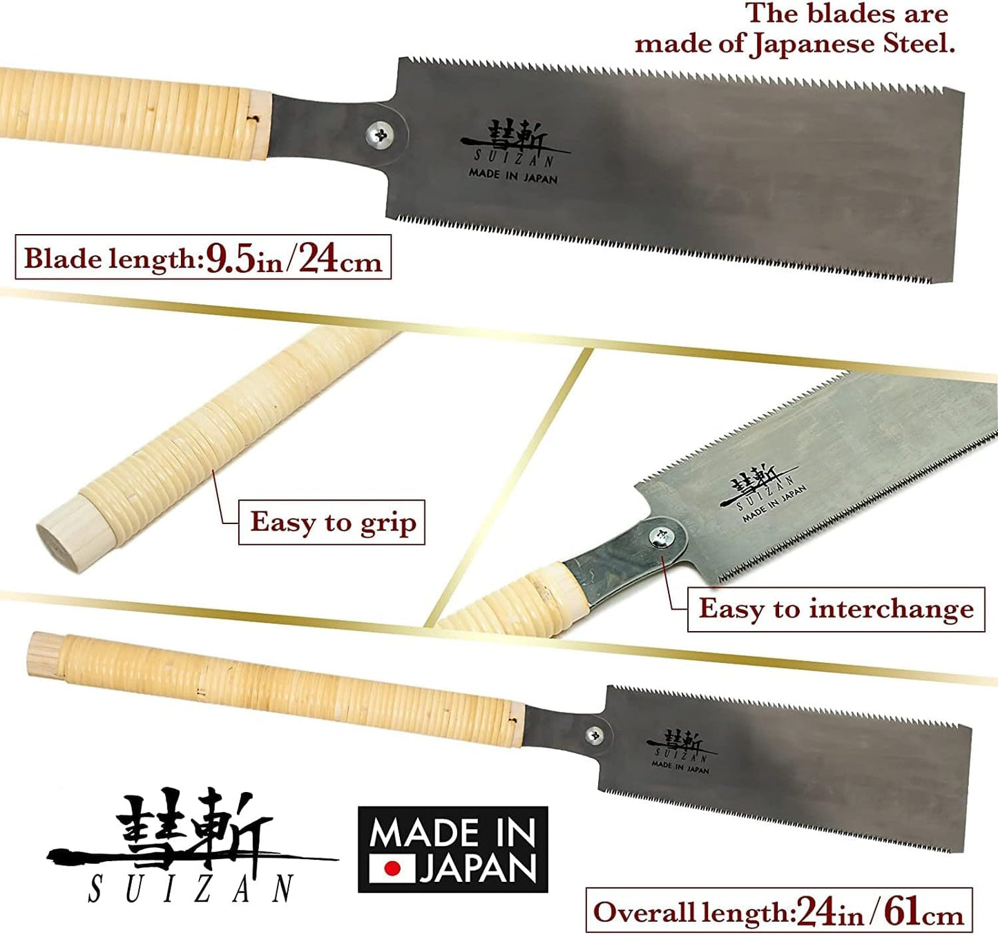 SUIZAN Ryoba Double Edge Saw 9.5" - Japanese Pullsaw Hand Saws Wood Cutting | Professional Pull Saw for Woodworking Furniture Making Carpentry Joinery DIY Tools Sharp Replaceable Blade Rip Crosscut