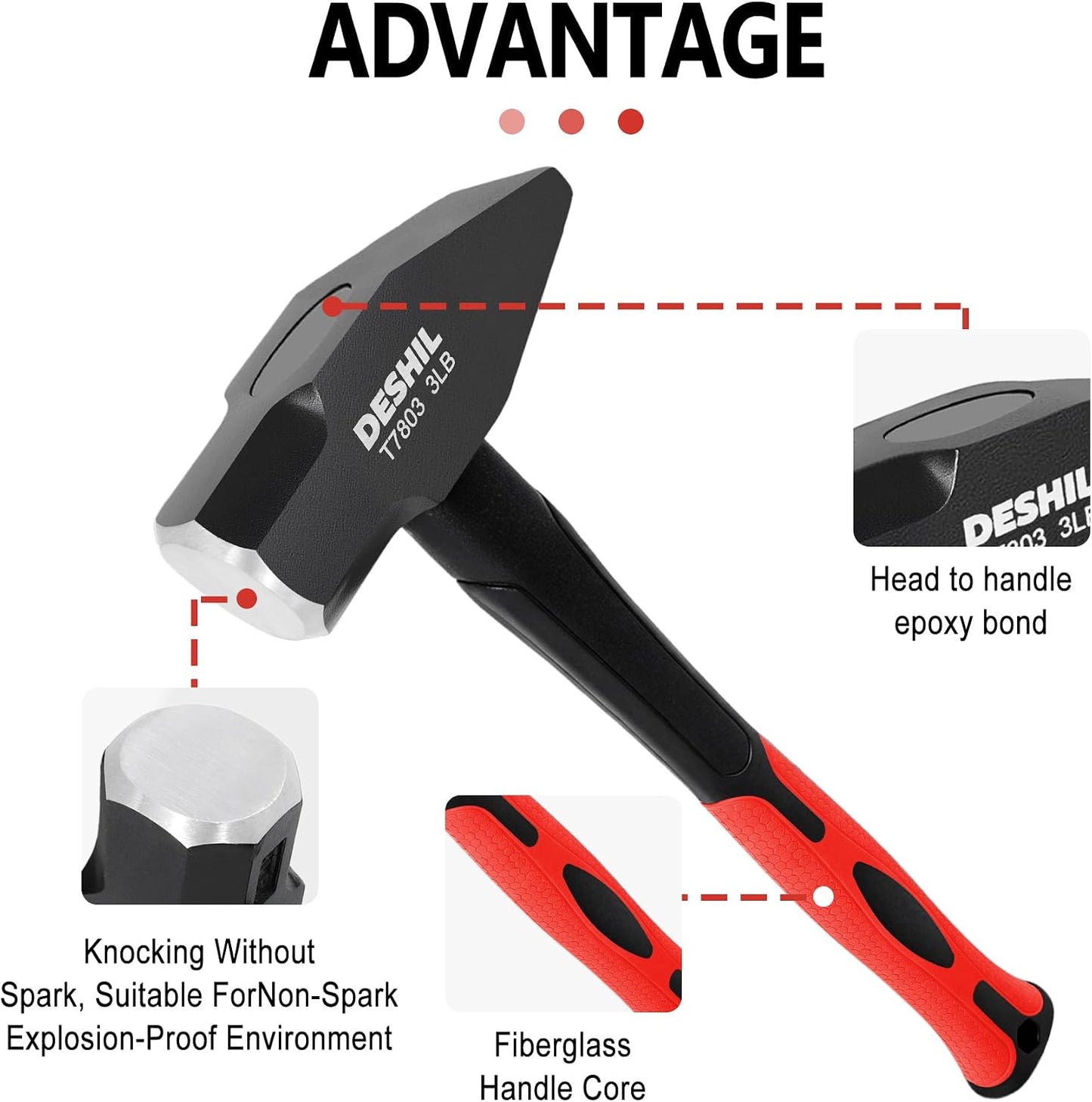 3 lb Flat Peen Blacksmith Hammer with Fiberglass Handle | Controlled Impact, Secure Hold, Balanced Swing, Comfort Grip, Forging Metalwork Masonry Demolition Repair Garage Jobsite Use