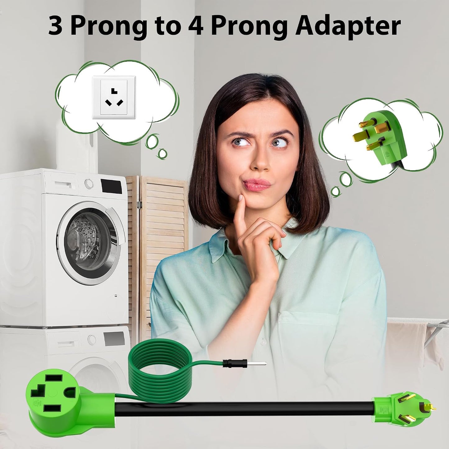 4 Prong to 3 Prong Dryer Plug Adapter with Green Ground Wire, 4-Prong New Dryer Female to 3 Prong Old Dryer Male Receptacle, 10-30P to 14-30R Dryer Adapter, 10AWG, STW, 2FT