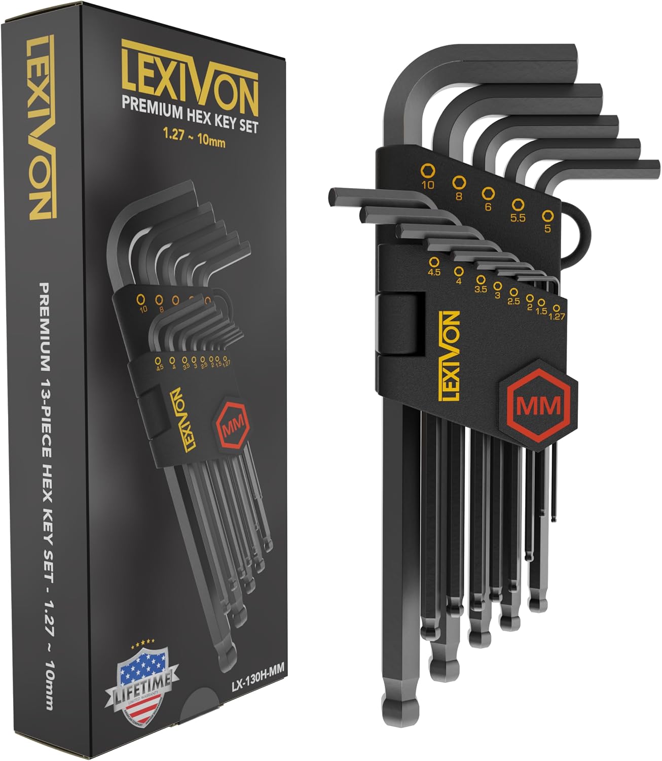 LEXIVON Allen Wrench Set, 13-Piece Premium Metric Hex Keys, L-Shaped Long Arm Ball End Design, Industrial-Grade S2 Alloy Steel (LX-130H-MM)