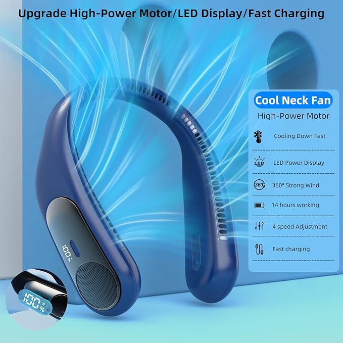 Portable Neck Fan, Personal Wearable Bladeless Fan, LED Display, 6000mAh USB - Image 3
