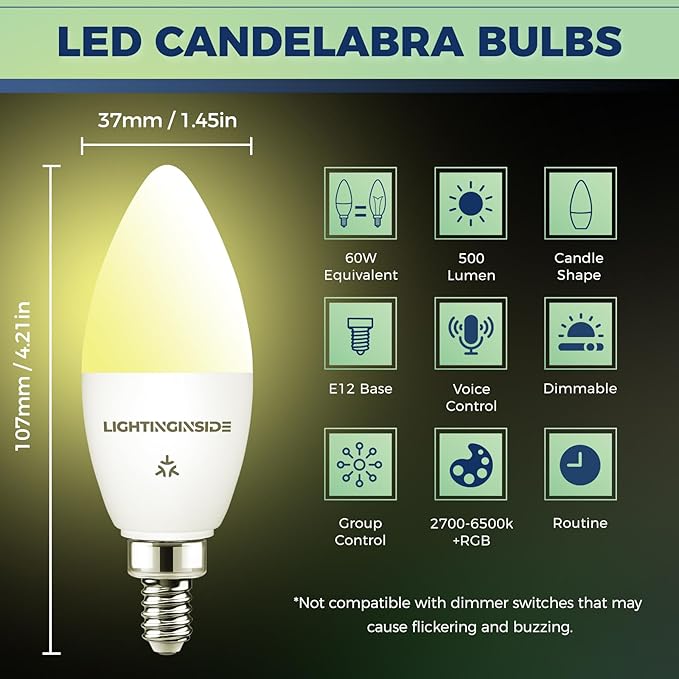 Lightinginside Matter Candelabra Smart Light Bulbs 60W Equivalent, Candle E12 - Image 6