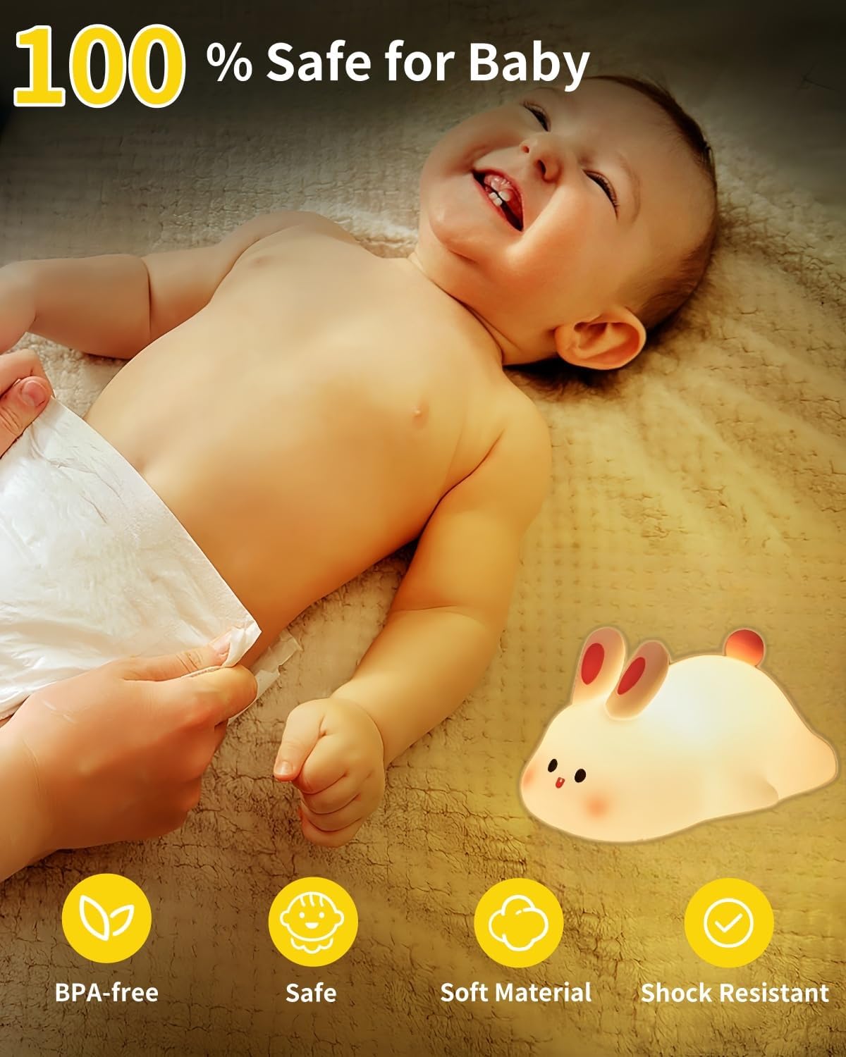 Big Face Rabbit Night Light for Kids, Squishy Silicone Bunny Lamp with Touch Control, 3 Brightness Levels, 30-Min Auto-Off Timer, Rechargeable Bedside Nursery Lamp