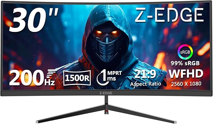 Z-Edge 30" Curved Gaming Monitor, WFHD1080P 200Hz 165Hz Monitor, MPRT 1ms by ZZ-EDGE