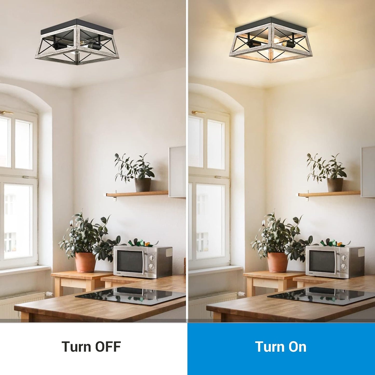 DEWENWILS Farmhouse Flush Mount Ceiling Light, Metal Light Fixture with Wood Grain Finish, 2-Lights Hallway Light Fixture Ceiling Mount for Entryway, Foyer, Dining Room | 2-Lights, Hardwired, E26 Base, Open-Caged, Metal Fixture for Kitchen, Hallway
