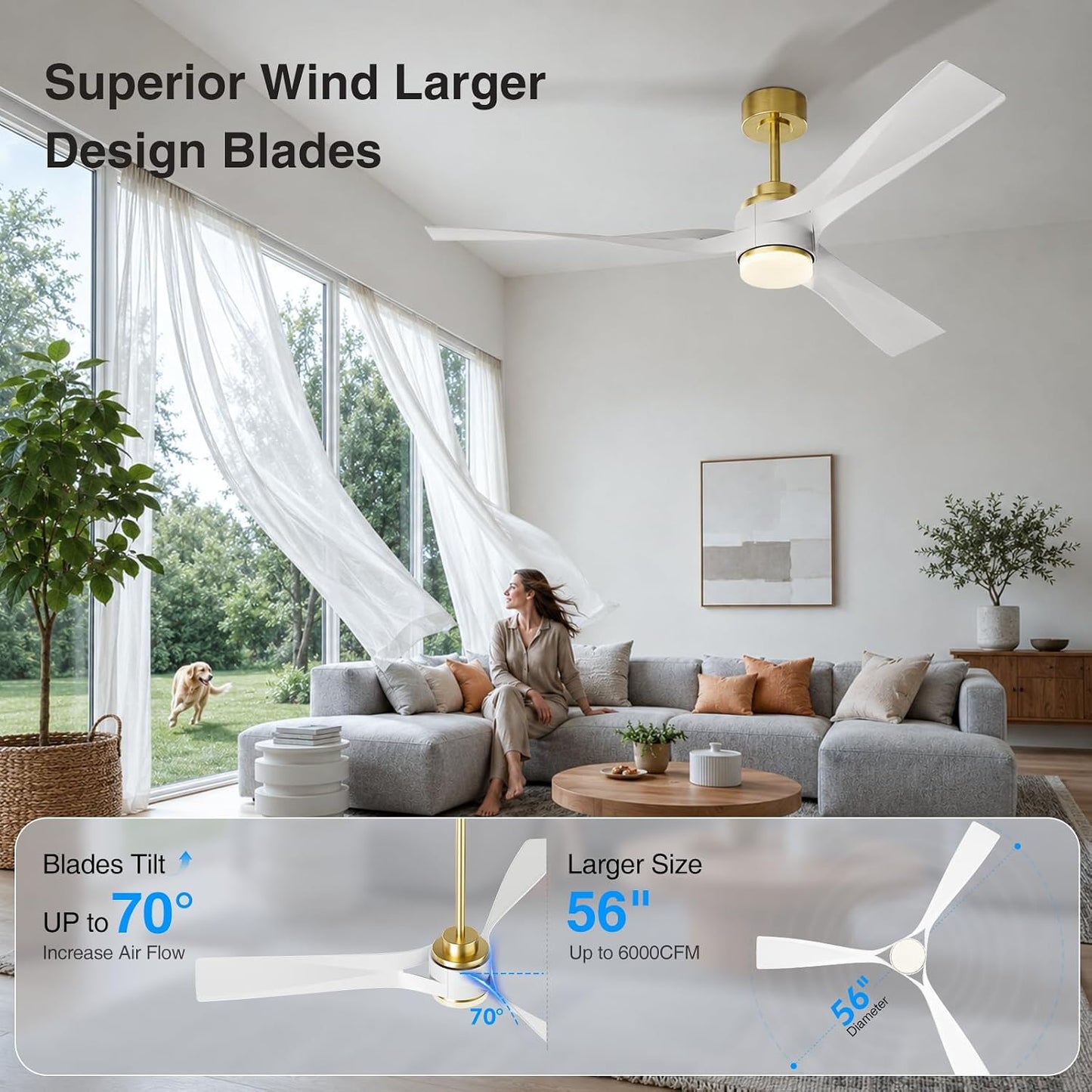 56 inch Modern Smart Ceiling Fan with Light, Gold White Outdoor Ceiling Fans for Patios with Alexa/Google/App and Remote Control, 3 Blade DC High CFM for Indoor Bedroom/Living Room/kitchen Ceiling Fan
