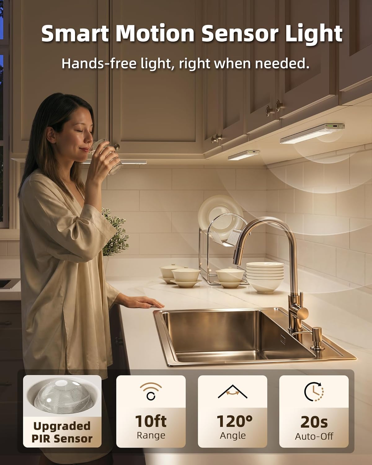 EZVALO Under Cabinet Lighting Wireless, 8'' 1800mAh Rechargeable Closet Light, LED Motion Sensor Lights with Power Display, Dimmable & 3 Color Temps, Under Counter Lights for Kitchen, Pantry, Stairs