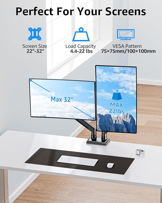 Dual Monitor Stand fits up to 32 inch, 4.4-22 lbs Computer Screens, Dual - Image 2