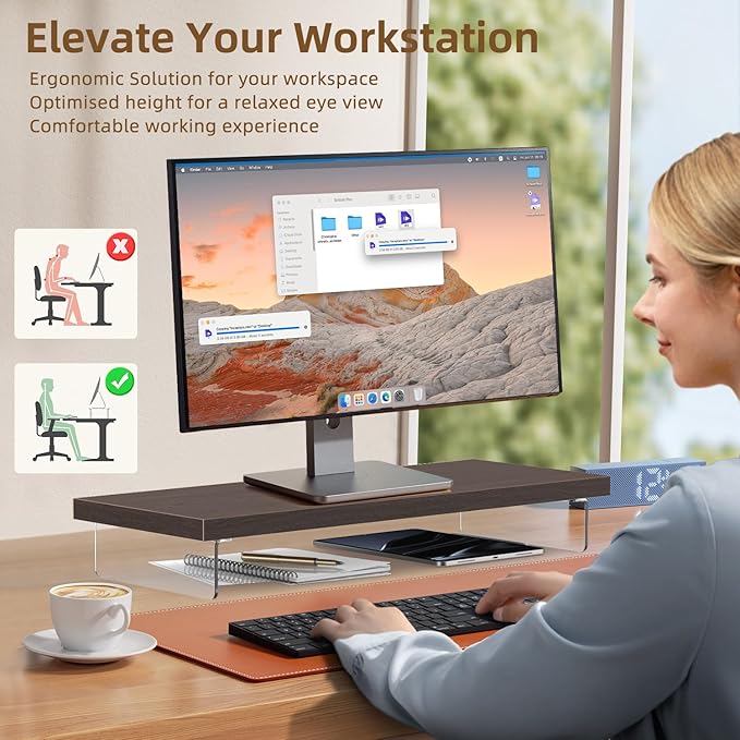 Dual Monitor Stand Riser, Wooden Desktop Organizer Shelf - Image 5