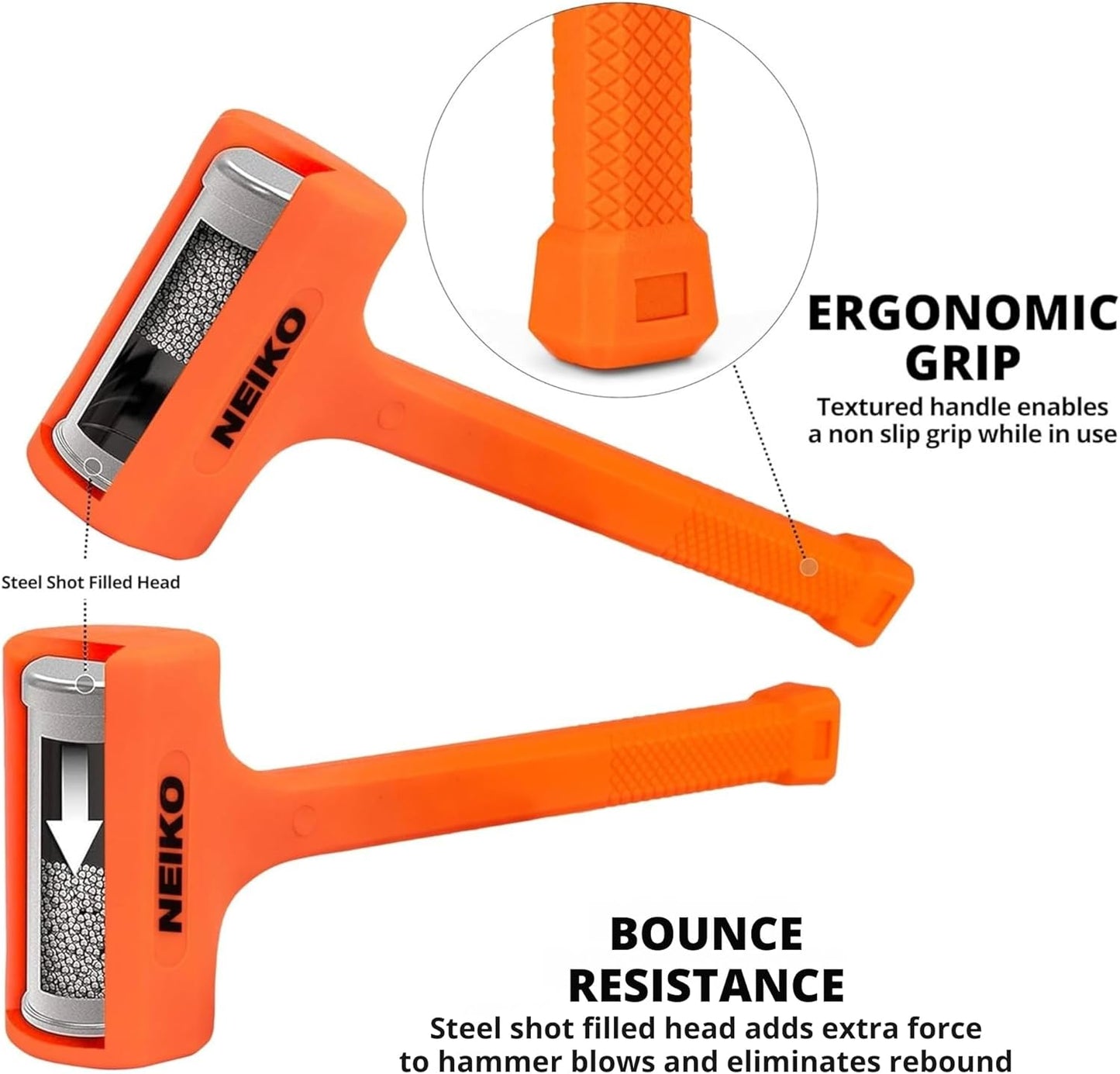 NEIKO 02851A Dead Blow Hammer, 5 Pounds, Neon Orange Deadblow Hammers, Mallet, Spark and Rebound Resistant, Unibody Molded, Soft Blow Rubber, Checkered Grip, Steel Shot and Core