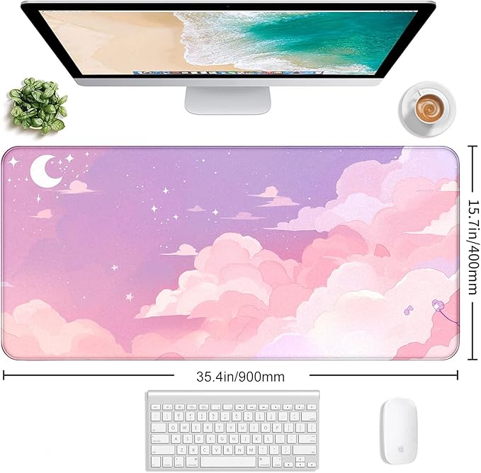 Cute Anime Cloud Desk Mat, Beautiful Pink Stitching Edge Non Slip Rubber Mouse - Image 2