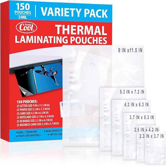3MIL Thermal Laminating Sheets Letter Size, ID Badge and Business Card Sizes by SimplyCool