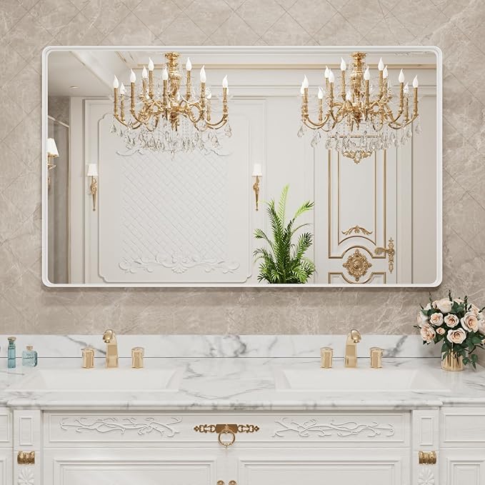 LOAAO 60x40 Inch White Metal Framed Bathroom Mirror - Image 8